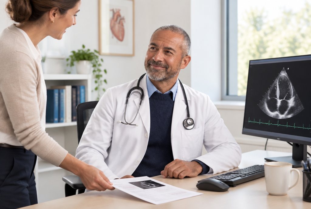 The same cardiologist in daylight as his office manager hands him a one-page report