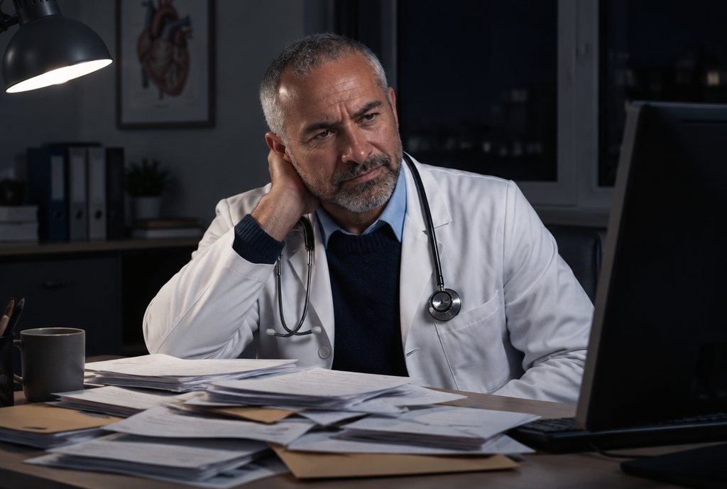 A tired cardiologist at his desk late at night with a pile of insurance letters