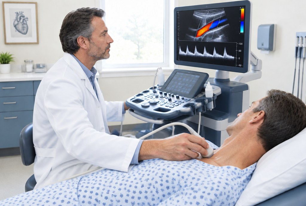 Vascular ultrasound billing: a cardiologist scanning a patient's carotid artery in his office vascular lab