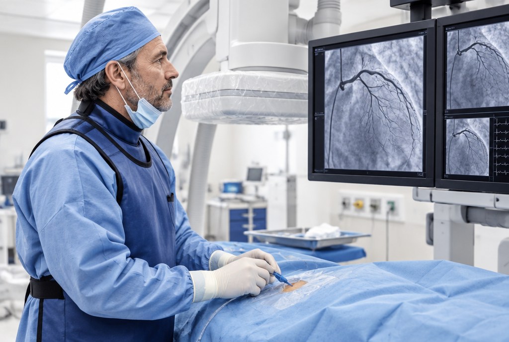 Cath lab billing: a cardiologist at the table in a hospital cath lab, an angiogram on the monitors