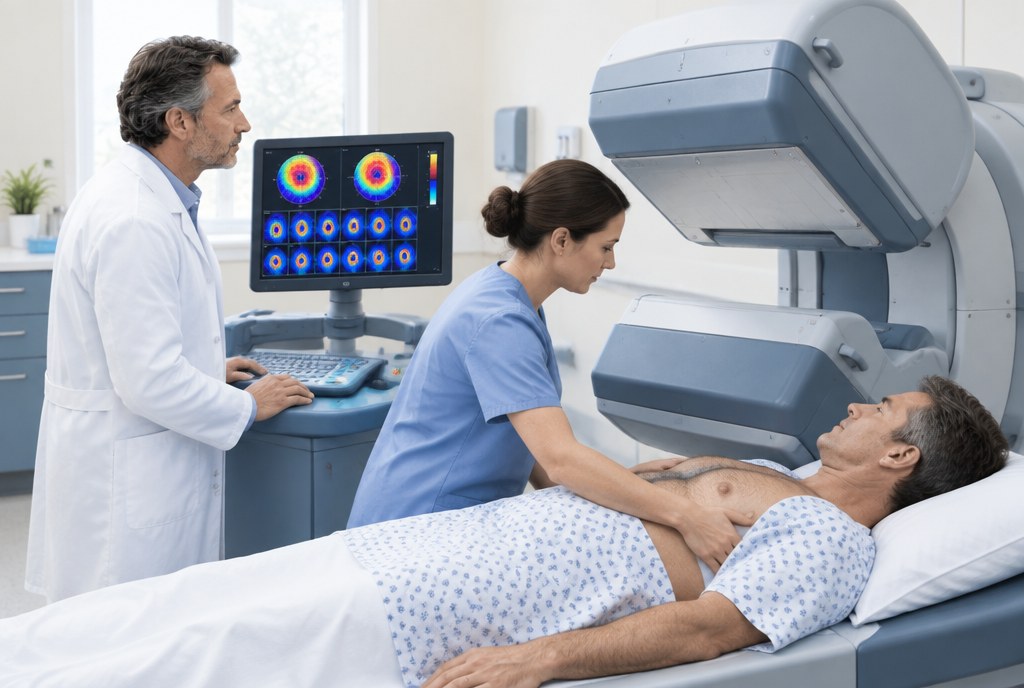 78452 CPT code: a nuclear technologist at the SPECT camera console in a cardiology office