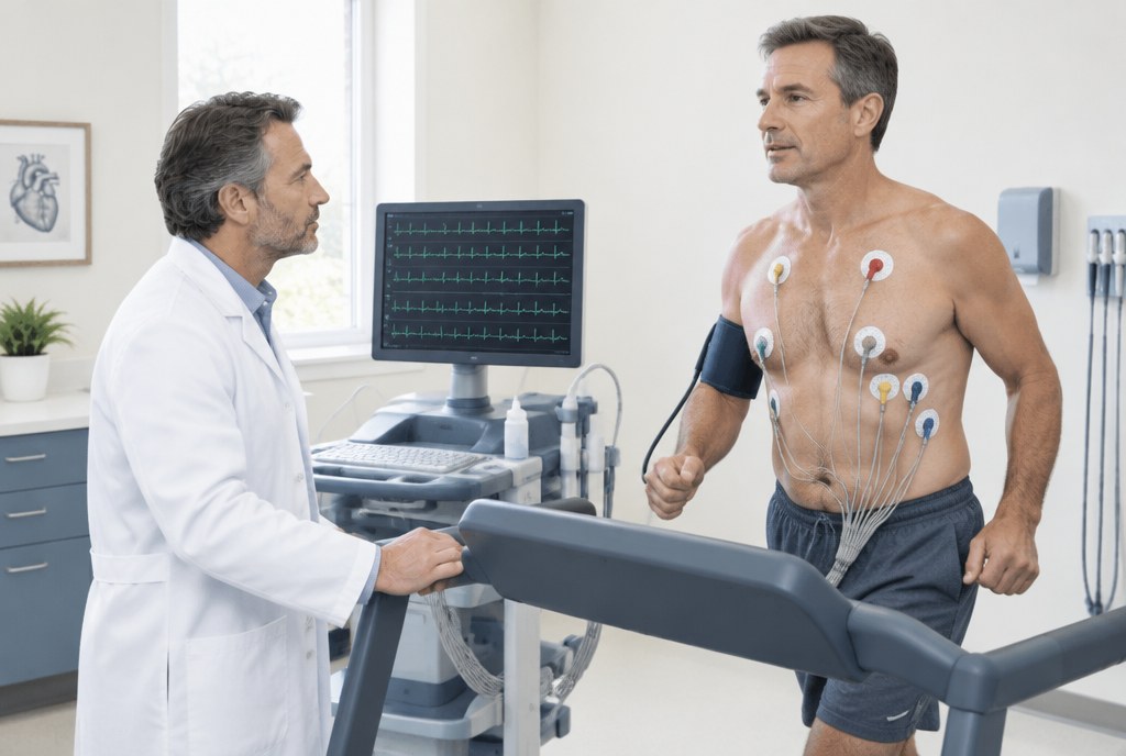 Stress test CPT codes: a cardiologist beside a patient on a treadmill in a cardiology office, 12-lead ECG in frame