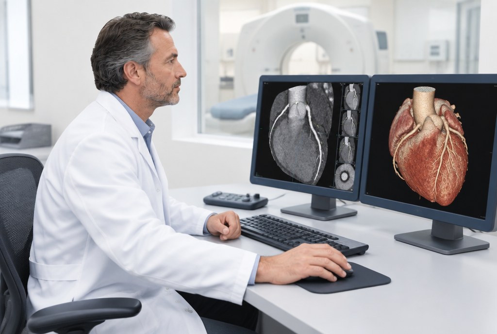 Cardiac CT billing: a cardiologist reading a coronary CTA at his workstation