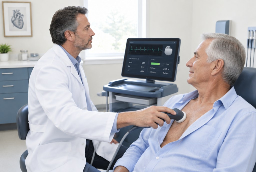 Pacemaker check billing: a cardiologist checking a patient's pacemaker with a programmer wand in his device clinic