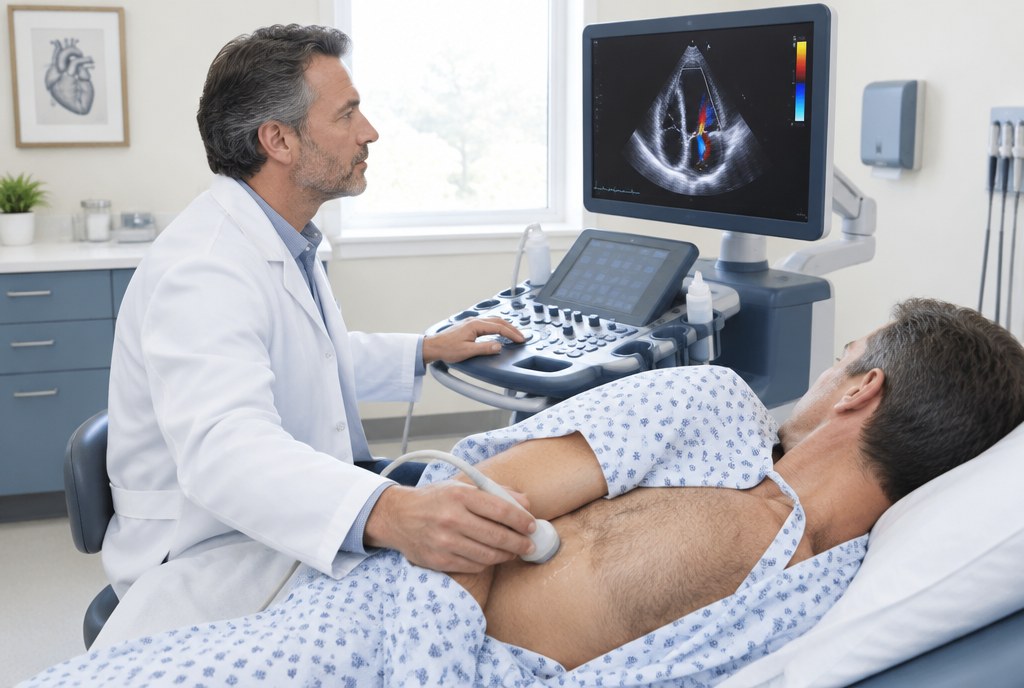 Echocardiogram billing: a cardiologist scanning a patient in his office echo room