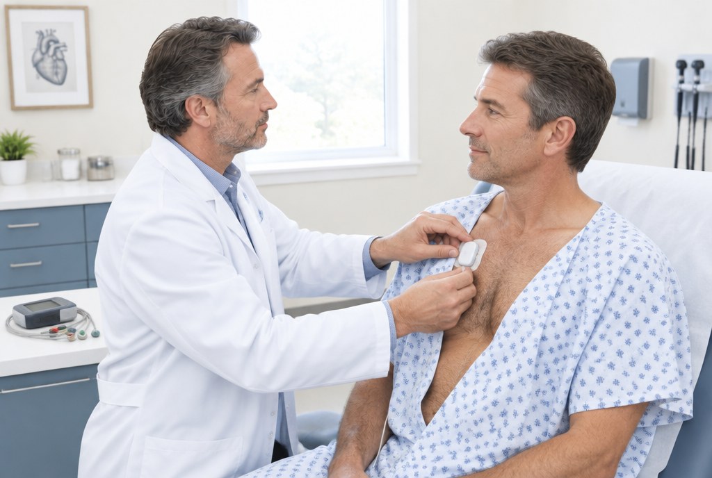 Holter monitor billing: a cardiologist placing an ECG patch monitor on a patient in his office