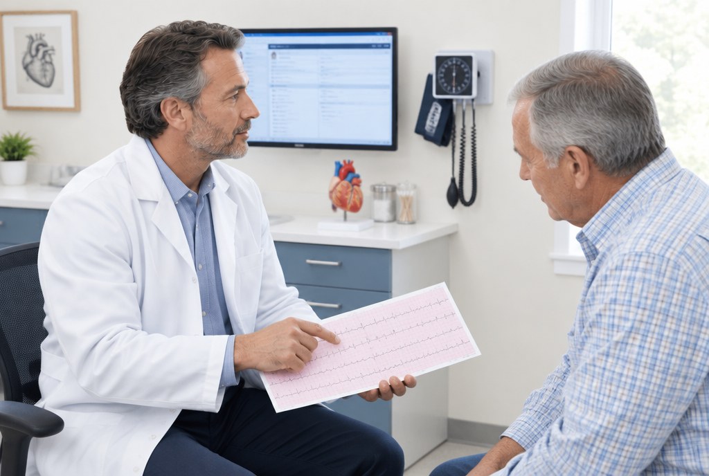 Cardiology office visit billing: a cardiologist reviewing an ECG strip with a patient in his exam room
