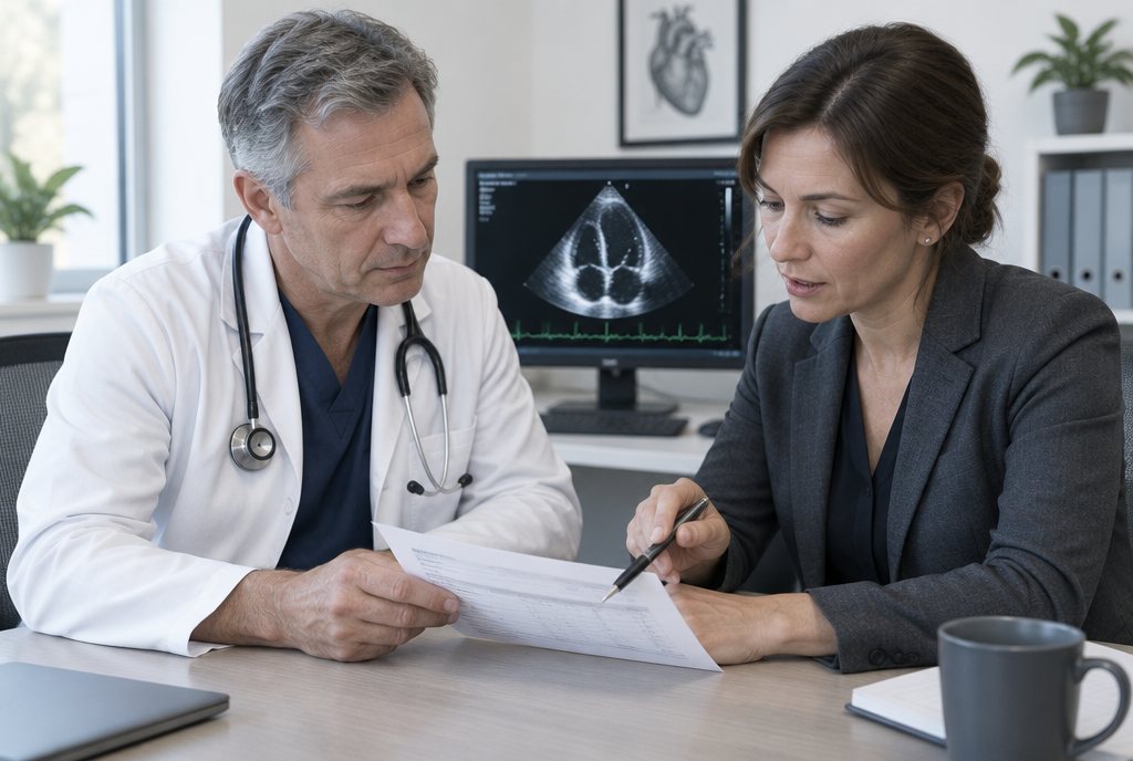 Cardiology billing pricing: a cardiologist and his administrator reading a one-line invoice