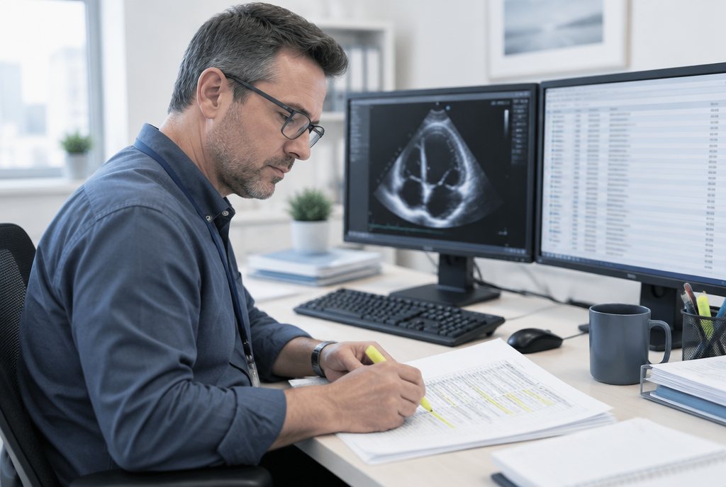 Free cardiology billing review: a biller marking gaps on a printed study list next to 90 days of remittances