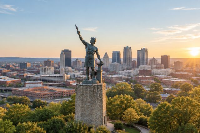 Cardiology billing services in Alabama: the Birmingham skyline and Vulcan Park at golden hour