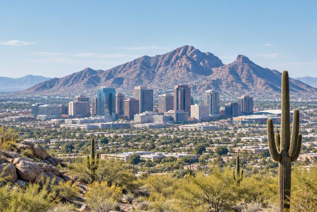 Cardiology billing services in Arizona: the Phoenix skyline with Camelback Mountain and saguaro cactus