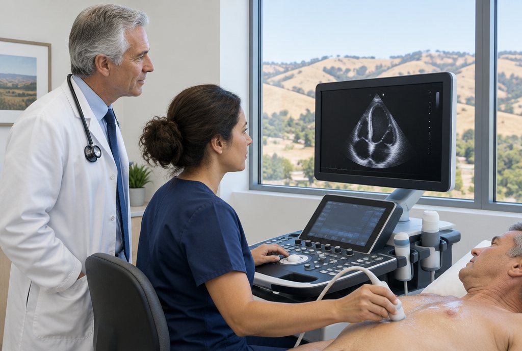 Cardiology billing services in California: a cardiologist and a sonographer reviewing an echo in a Los Angeles office