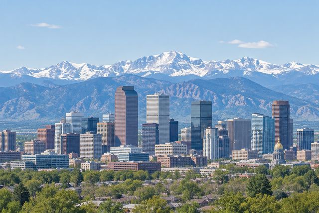 Cardiology billing services in Colorado: the Denver skyline with the Rocky Mountains behind
