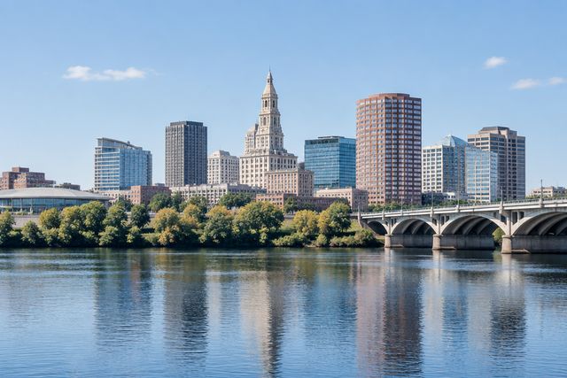 Cardiology billing services in Connecticut: the Hartford skyline and the Connecticut River
