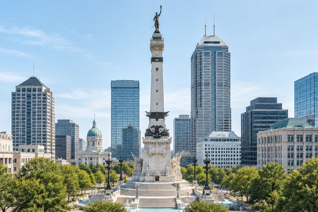 Cardiology billing services in Indiana: the Indianapolis skyline and the Soldiers and Sailors Monument