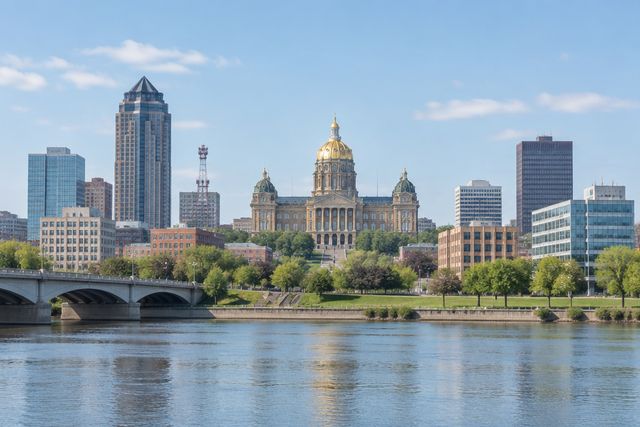 Cardiology billing services in Iowa: the Des Moines skyline and the Iowa State Capitol dome