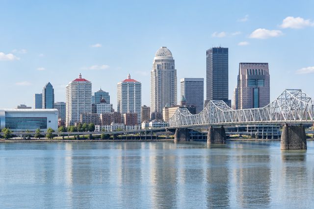 Cardiology billing services in Kentucky: the Louisville skyline over the Ohio River