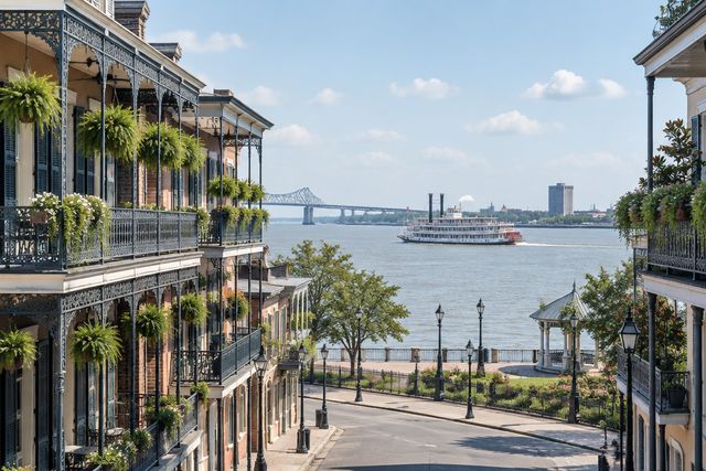 Cardiology billing services in Louisiana: French Quarter balconies in New Orleans near the Mississippi River