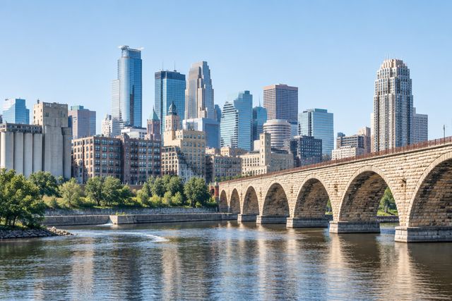 Cardiology billing services in Minnesota: the Minneapolis skyline and the Stone Arch Bridge