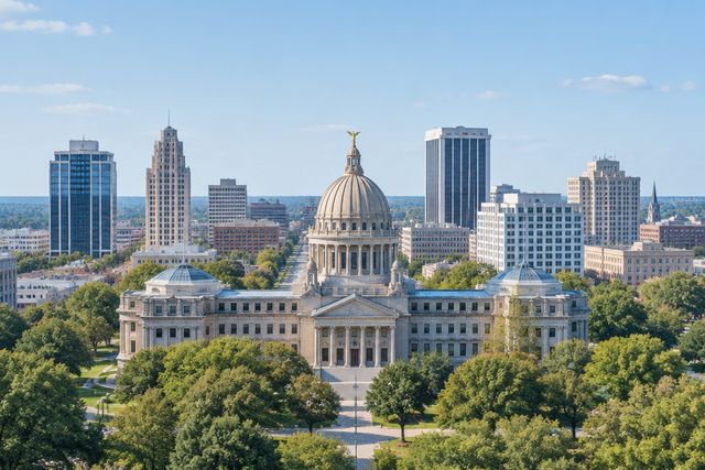 Cardiology billing services in Mississippi: the Jackson skyline and the Mississippi State Capitol