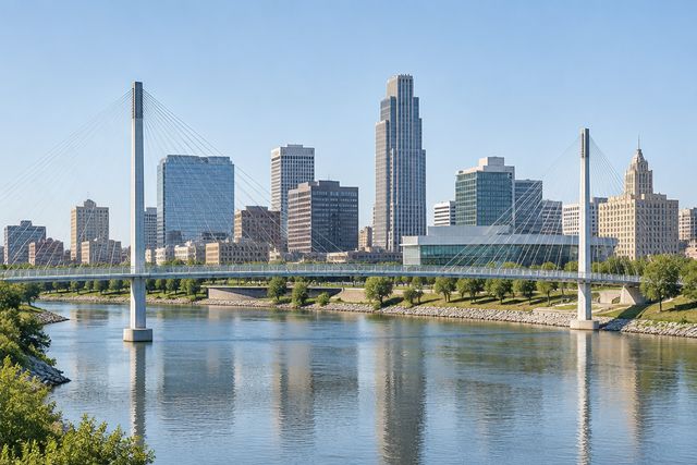 Cardiology billing services in Nebraska: the Omaha skyline and the Bob Kerrey pedestrian bridge