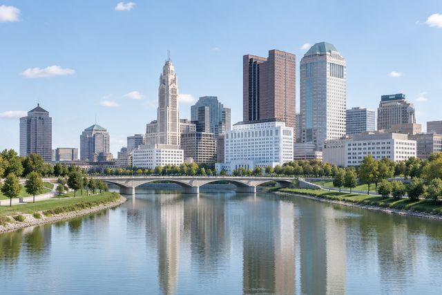 Cardiology billing services in Ohio: the Columbus skyline over the Scioto River