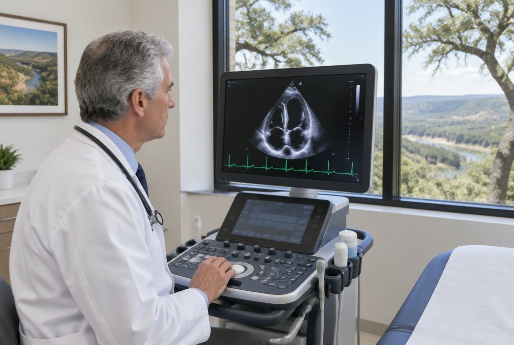 Cardiology billing services in Texas: a cardiologist at the echo cart in a Houston office