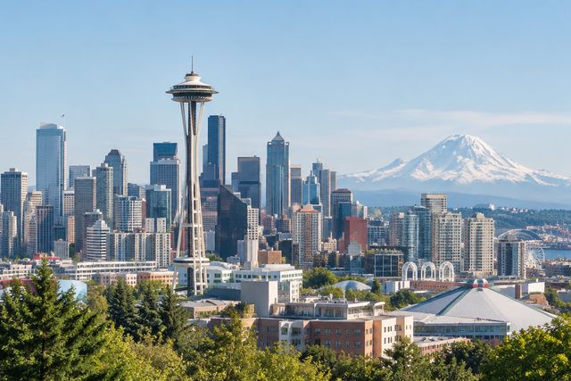 Cardiology billing services in Washington: the Seattle skyline with the Space Needle and Mount Rainier