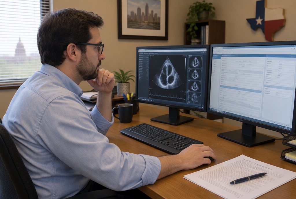 Cardiology coding services: a cardiology coder reading an echo report next to the claim