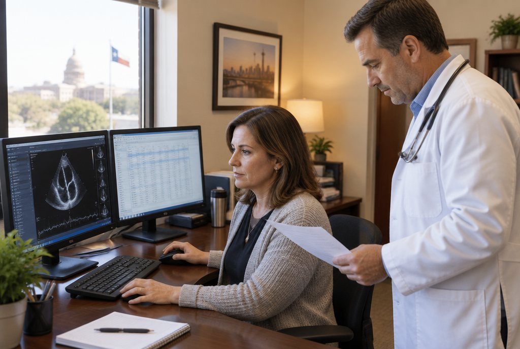 Cardiology revenue cycle management: a billing specialist and a cardiologist reviewing claims at her desk