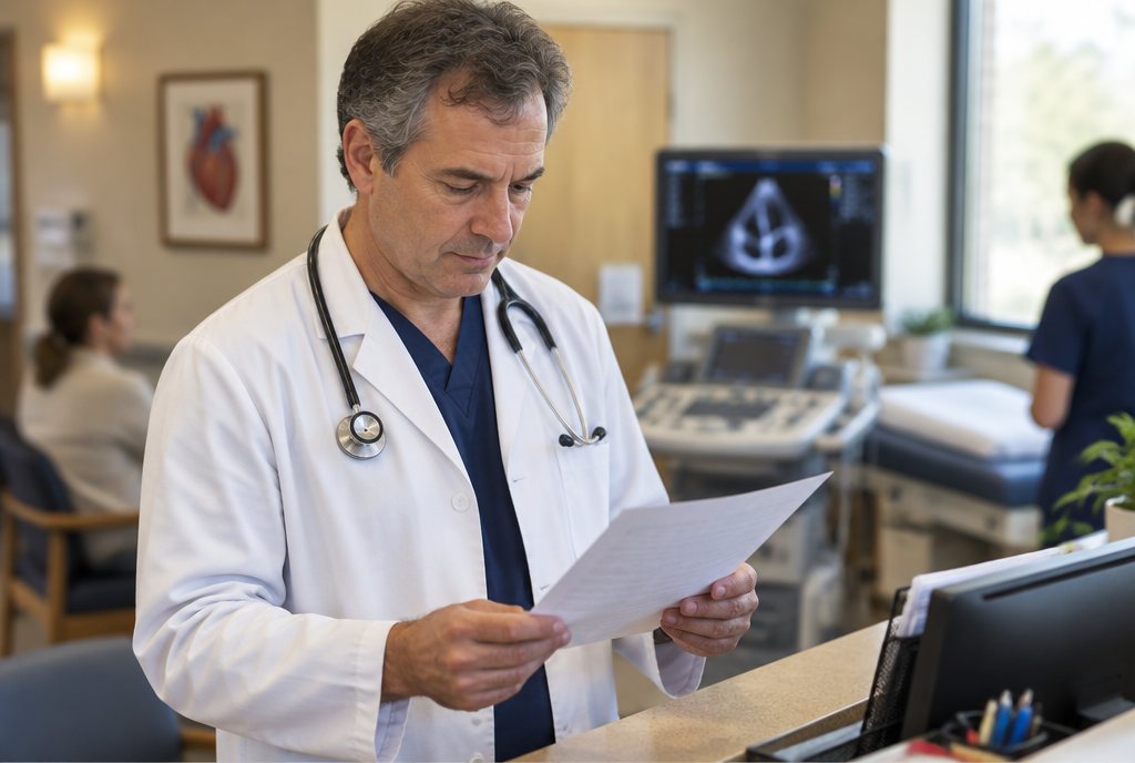 Cardiology billing reports: a cardiologist reading the one-page monthly report between patients