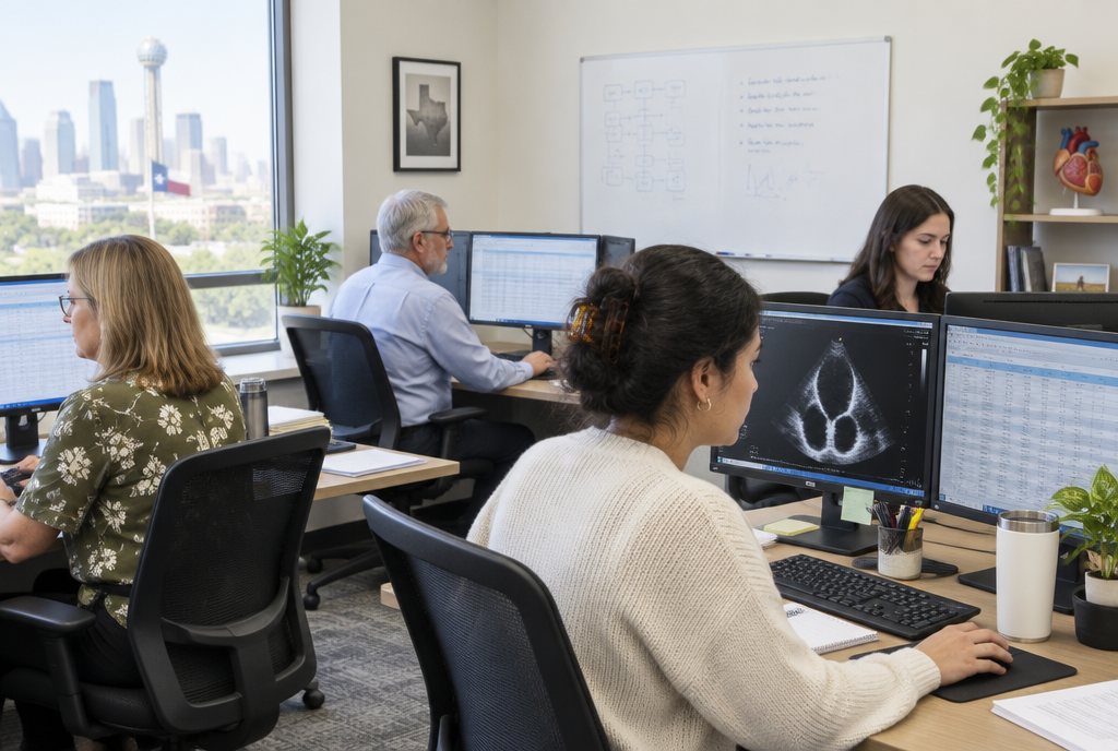 Only Cardiology Billing: billers at their desks in the Texas office, an echo report on one screen