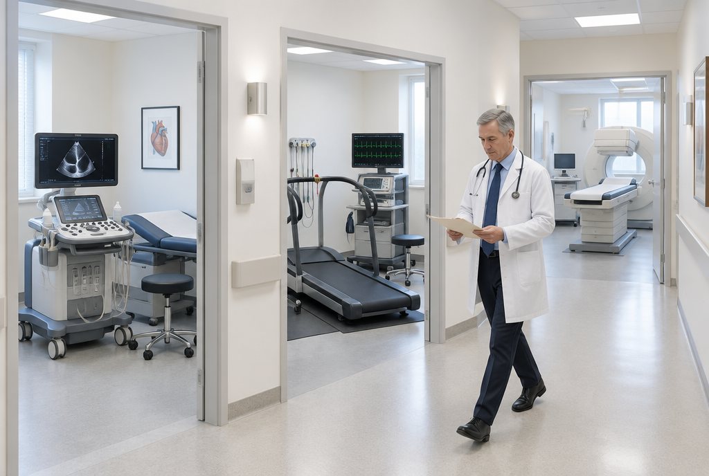 What we bill: a working cardiology office with an echo cart, a treadmill and a nuclear camera